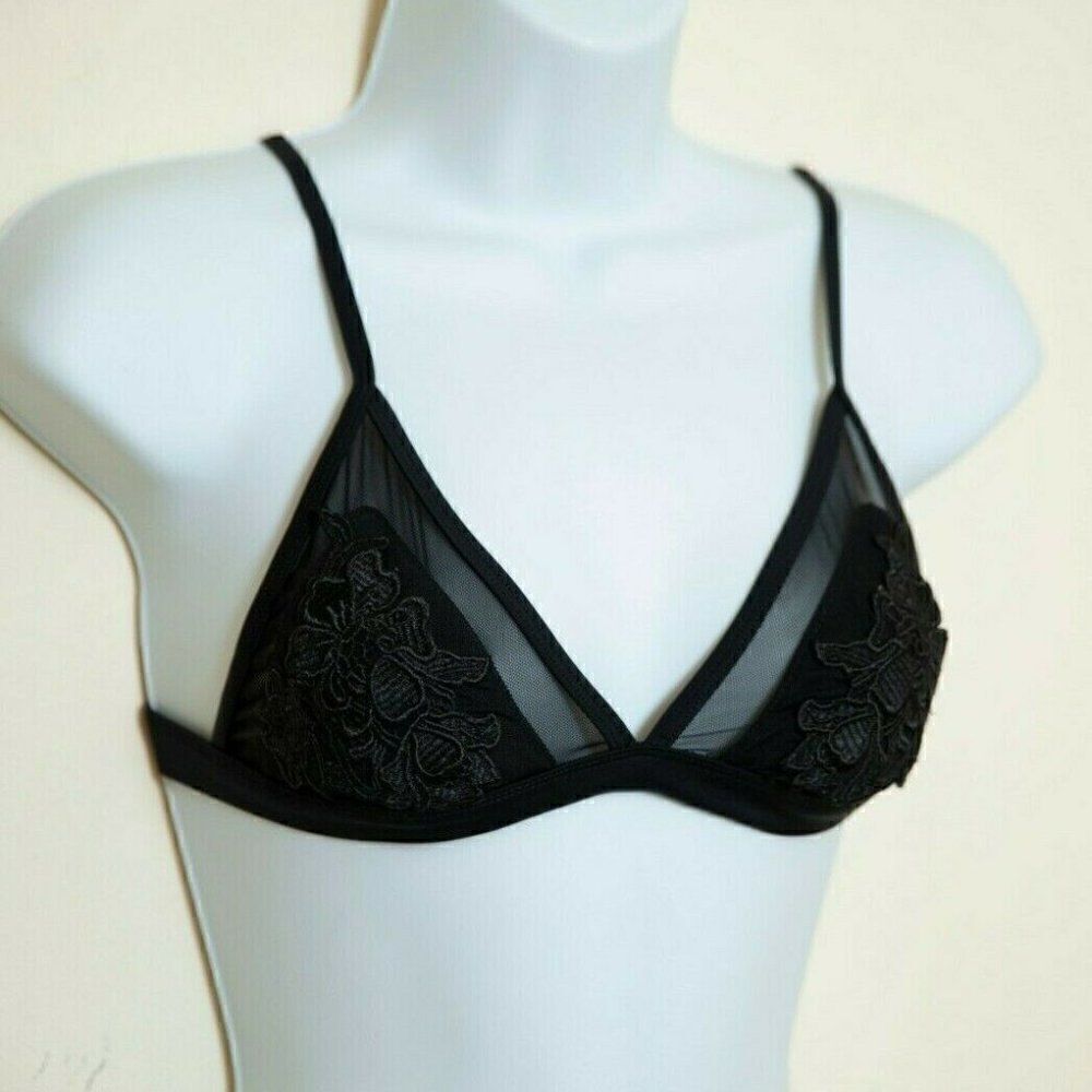 Embroidered Mesh Triangle Bikini Top Black